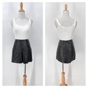 T BY ALEXANDER WANG Lambskin Leather Mini Skirt Womens 2 Black Center Pleat